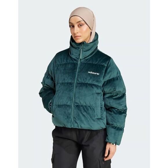 Adidas Women's Dark Green Velvet Down Full Zip Puffer Jacket Size Small NWT - Picture 1 of 14